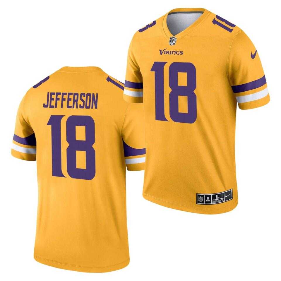 Mens Minnesota Vikings #18 Justin Jefferson Gold 2021 Inverted Legend Stitched Jersey Dzhi->minnesota vikings->NFL Jersey